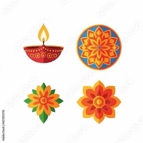 A collection of colorful Diwali icons including a lit Diya lamp and three floral Rangoli mandala designs.