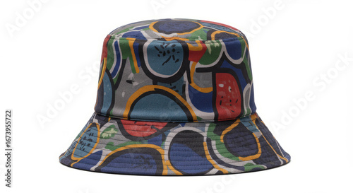Colorful bucket hat with abstract fruit pattern for sun protection and stylish summer fashion accessory
