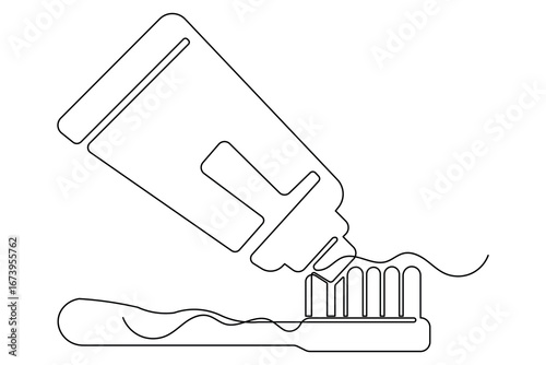 Continuous one line drawing toothbrush and paste isolate minimalist abstract stylish design