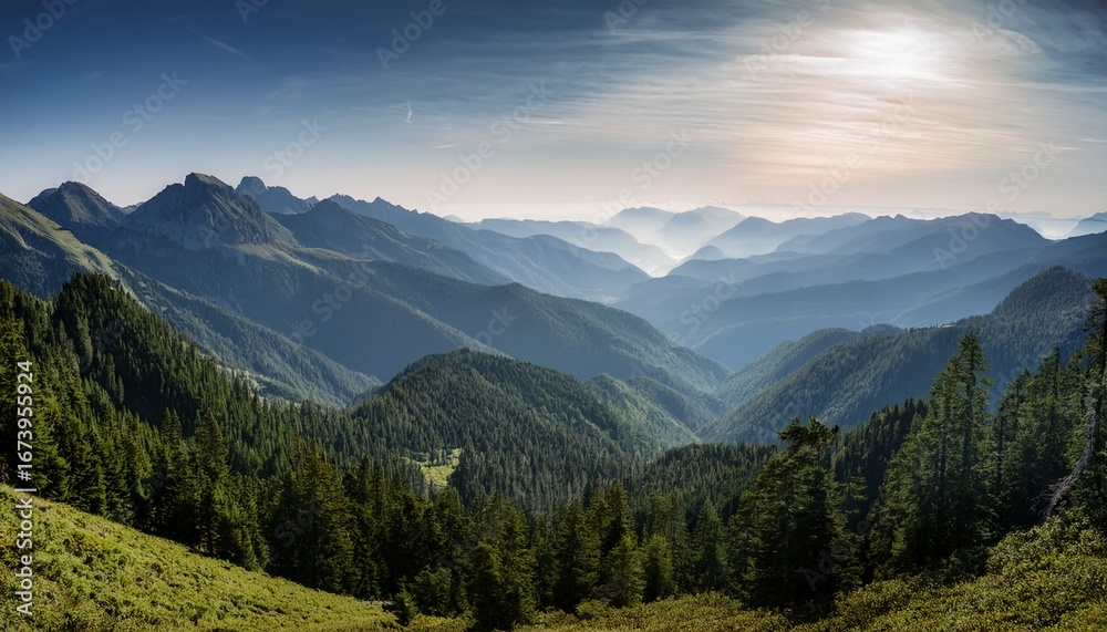 Fototapeta premium a massive mountain range covered with dense forests stretches to the horizon where it dissipates into a light haze the image illustrates the majesty tranquility and natural beauty of the mountai
