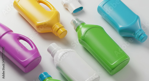 Colorful plastic bottles of different shapes and sizes arranged on a clean white surface in a studio setting