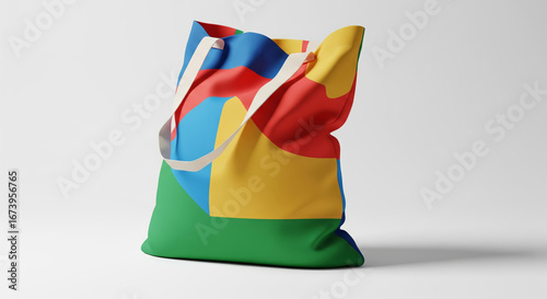 Colorful tote bag with abstract geometric pattern on a plain background showcasing sustainable fashion and eco-friendly lifestyle