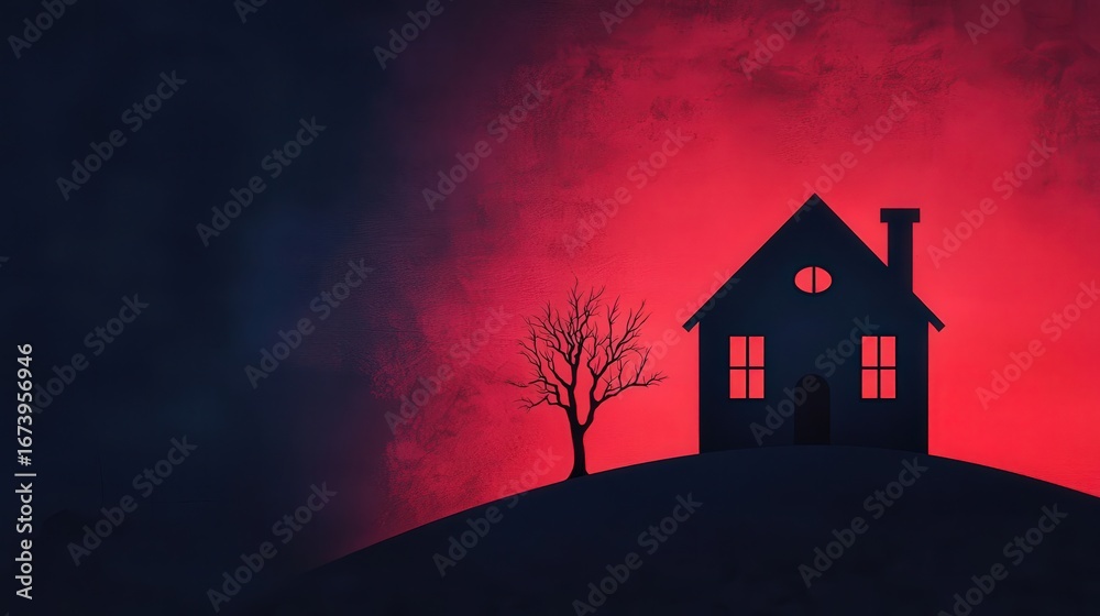Fototapeta premium Spooky Boo in neon lights, haunted house silhouette, creepy night sky