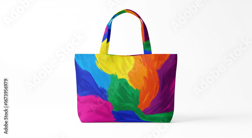 Colorful tote bag featuring vibrant brushstroke patterns on a white background for shopping and everyday use