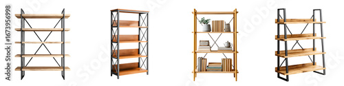 Wallpaper Mural Four Different Style Bookshelves, Brown Wood and Black Metal on White Torontodigital.ca