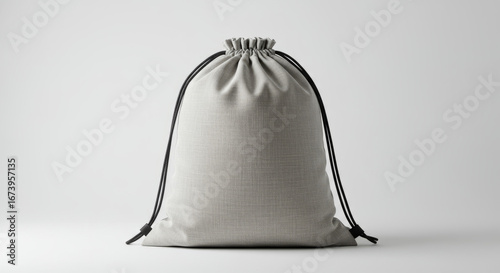 Drawstring bag mockup showcasing a simple gray fabric sack with black rope and toggles on a clean white background