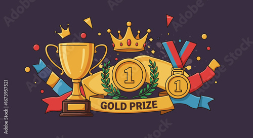 Creative illustration featuring golden trophy, crown, and medals for first place