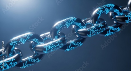 Metallic chain with blue etched patterns, angled close-up view, soft lighting