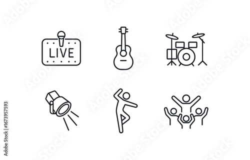 simple outline stroke icon isolated on white background: live performance guitar icon drum set spotlight dance pose cheering crowd