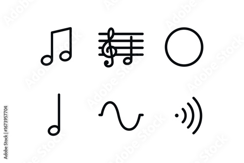 simple outline stroke icon isolated on white background: music note bar staff round head stem line wave arc echo dots