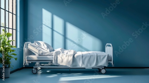 Empty hospital bedroom with single bed near large window and natural light