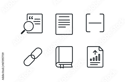 simple outline stroke icon isolated on white background: research citation article page bracket note line book icon report file