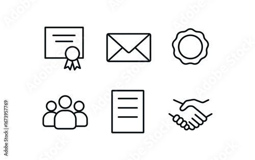 simple outline stroke icon isolated on white background: formal acknowledgment letter page stamp mark group icons text sheet respect line