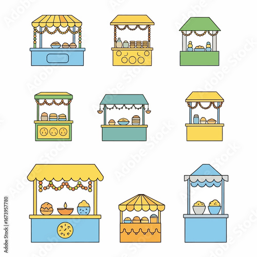 A collection of colorful illustrated food stalls and market stands with various snacks and decorations.