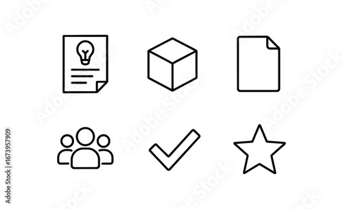 simple outline stroke icon isolated on white background: written suggestion box form paper sheet group icon check mark line