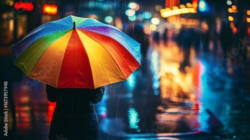 Wallpaper Mural Person under umbrella looking at rainy night city lights in colorful urban reflections Torontodigital.ca