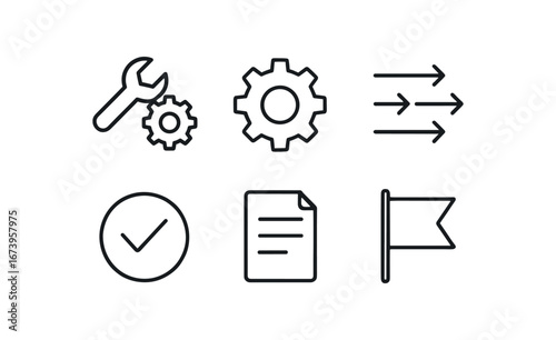 simple outline stroke icon isolated on white background: set preference gear cog arrow flow chosen item note page flag icon