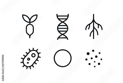 simple outline stroke icon isolated on white background: living organism DNA strand root lines bacteria icon circle mark germ dots