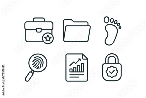 simple outline stroke icon isolated on white background: case evidence file folder footprint line clue icon chart page lock seal