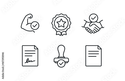 simple outline stroke icon isolated on white background: strong assurance badge trust icon signed sheet approval stamp document