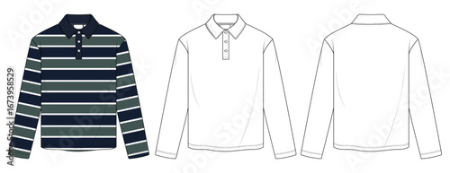 Polo Shirt Fashion flat technical drawing template. Long Sleeve Unisex Shirt technical fashion illustration, buttons, relaxed fit, white,  women, men, Top CAD mock up with front and back views