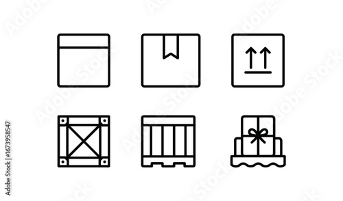 simple outline stroke icon isolated on white background: cardboard box taped seal flat sides shipping mark open flap packed fill. simple outline stroke icon isolated on white background: