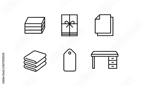 simple outline stroke icon isolated on white background: paper bundle string wrap stacked sheets folded pile label mark office desk