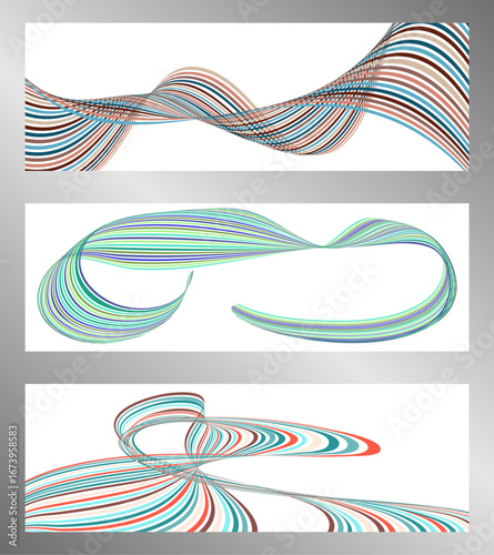 Wavy lines or ribbons. Set of 3 backgrounds. Multicolored striped gradient. Creative unusual background with abstract wavy lines. Fashionable banner, poster. eps vector