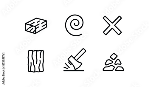 simple outline stroke icon isolated on white background: wood chip curled shaving axe mark bark piece tool pile bits