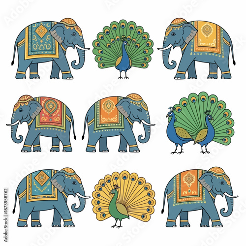 Ornate Indian elephants and peacocks in a decorative pattern.