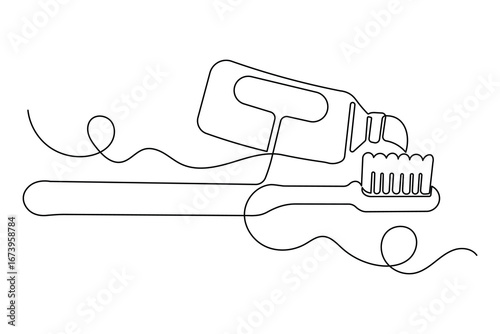 Toothbrush and paste isolate abstract continuous one line drawing minimalist clean sketch