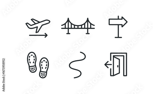 simple outline stroke icon isolated on white background: steady approach bridge span trail arrow boot prints curve path entry mark