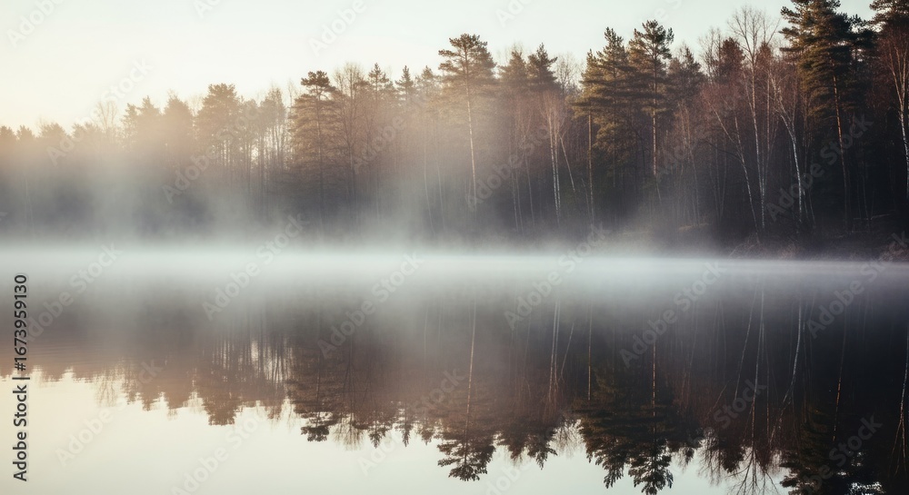 Fototapeta premium Misty lake with tree reflection, serene & calm, peaceful nature scene