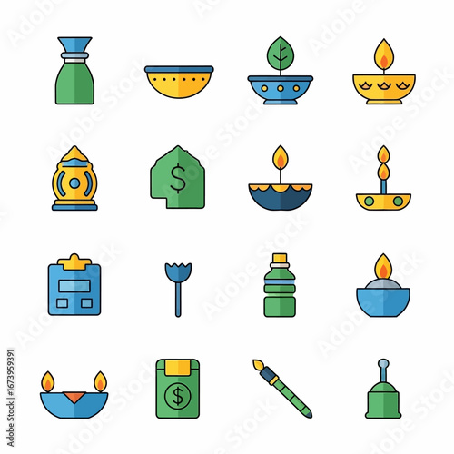 Collection of flat design icons representing various concepts including lighting, finance, and wellness with a clean, modern aesthetic.