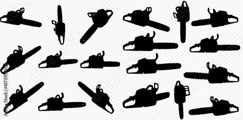 Multiple chainsaw silhouettes arranged on a white background, displayed in various orientations and angles.