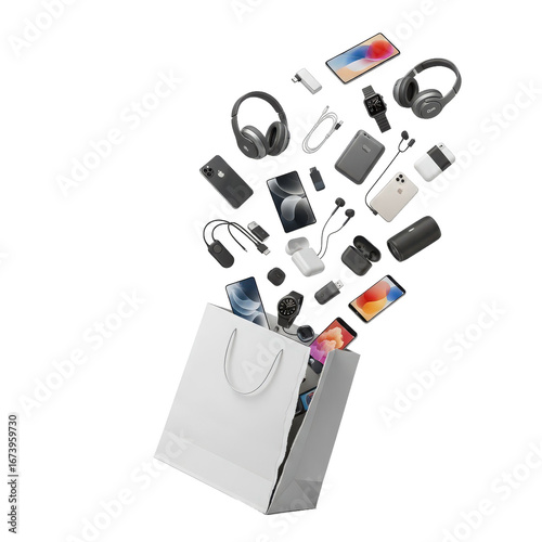 A shopping bag overflowing with various electronic devices and accessories, showcasing modern technology