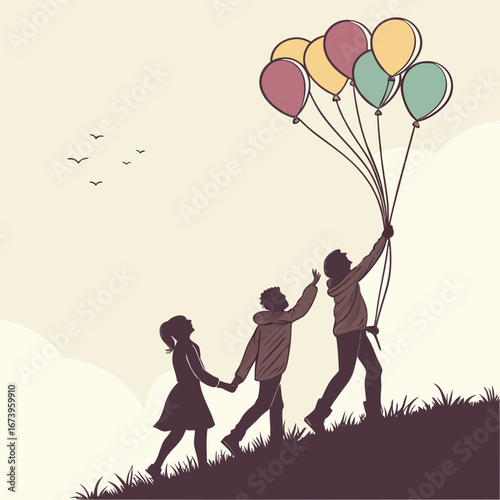 Vector art of children walking with balloons on a hill in nature silhouette