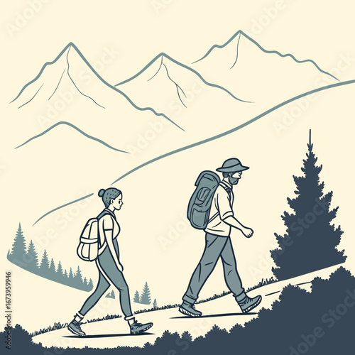 Vector art of couple hiking on a mountain trail with backpacks and enjoying the scenery