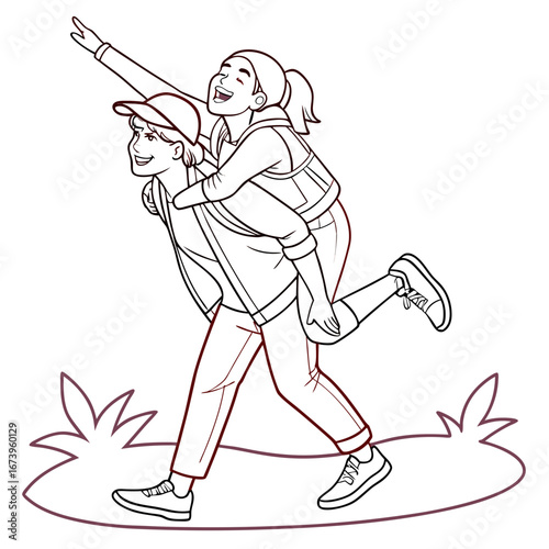 Vector art of happy man giving a piggyback ride to a woman in nature landscape