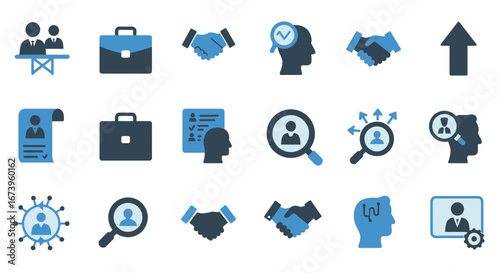 Business and recruitment icon set representing job search and hiring process