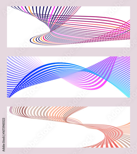 Wavy lines or ribbons. Set of 3 backgrounds. Multicolored striped gradient. Creative unusual background with abstract wavy lines. Fashionable banner, poster. eps vector