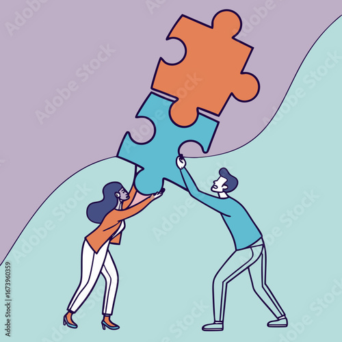 Vector art of teamwork concept with people assembling puzzle pieces