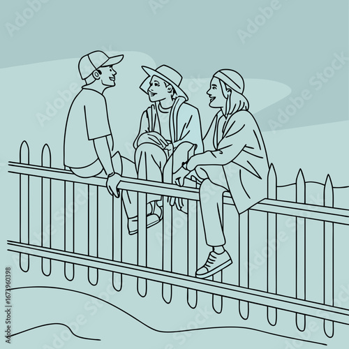Vector art of three friends are talking while sitting on a fence in the park