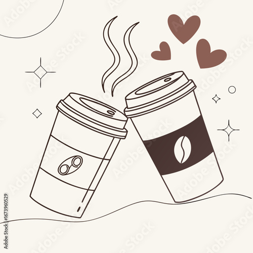 Vector art of two coffee cups with hearts in a simple line illustration for valentines day