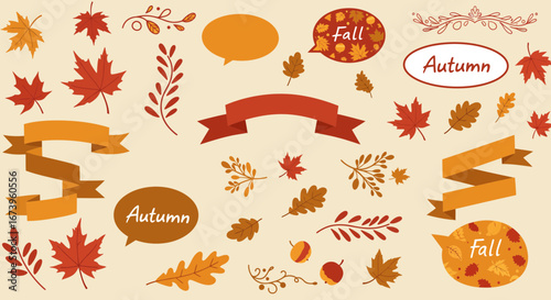 Whimsical autumn vector illustration with leaves, banners and speech bubbles