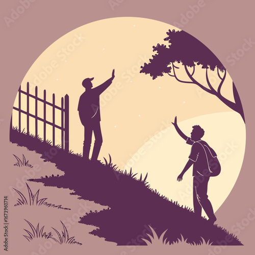 Vector art of two friends greeting each other with a high five on a hill in nature