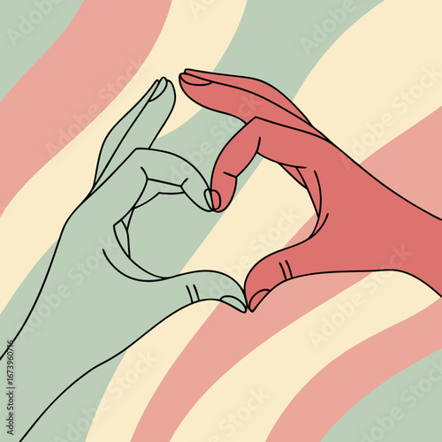 Vector art of two hands forming a heart shape with a retro wave background