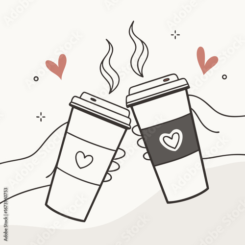 Vector art of two hands holding coffee cups with hearts in a simple line illustration