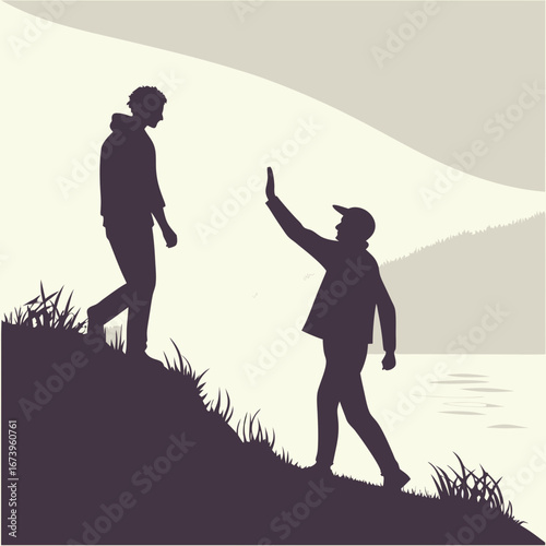 Vector art of two friends greeting each other with a high five on a hill near a lake
