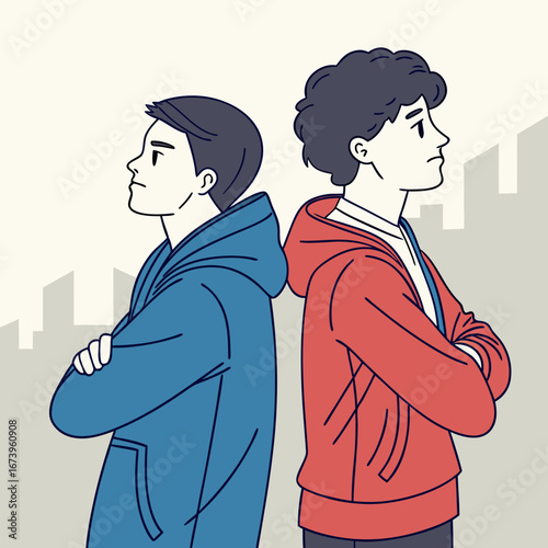 Vector art of two men standing back to back, representing conflict and disagreement